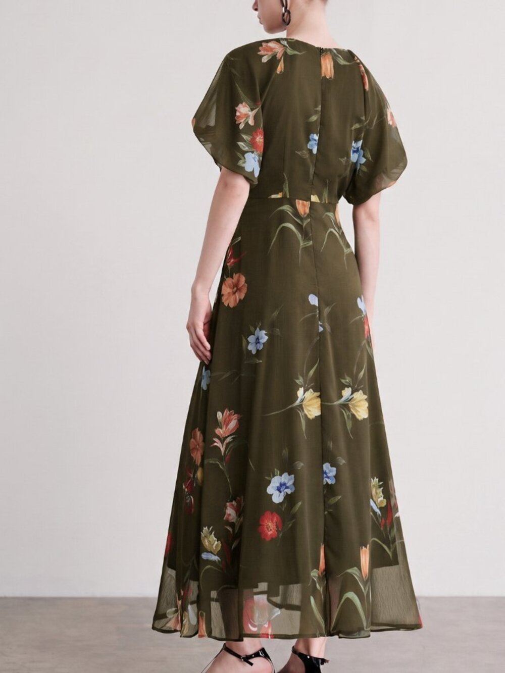 Dark Green Elegant Women's Chiffon Floral Print Round Neck Short Sleeve Dress - Picture 2 of 3
